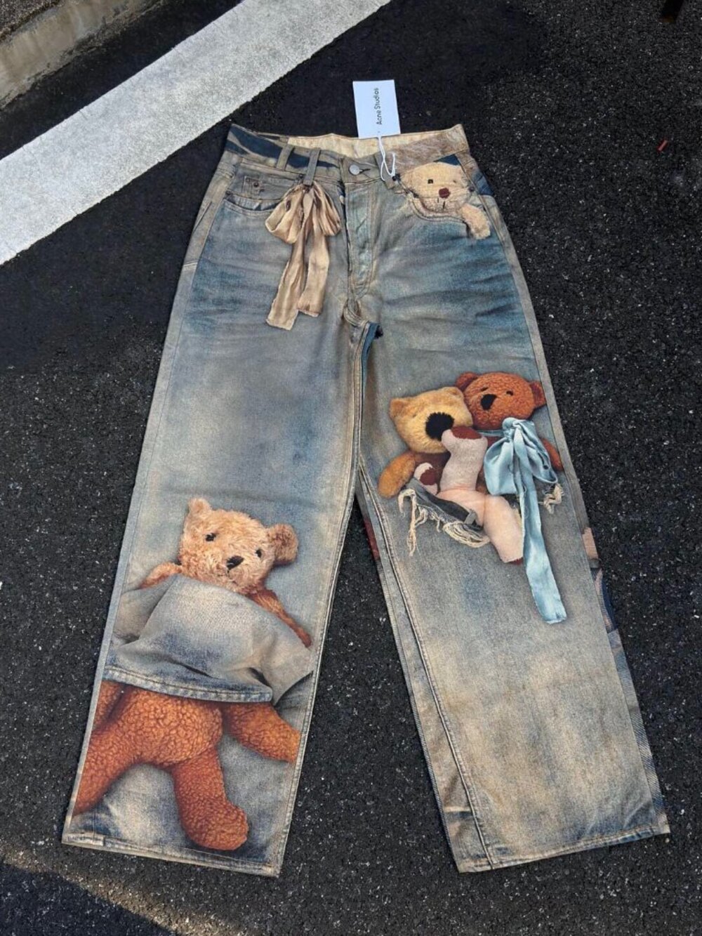 Acne Studios FW25 Teddy Bear Print Low Waist Wide Leg Jeans